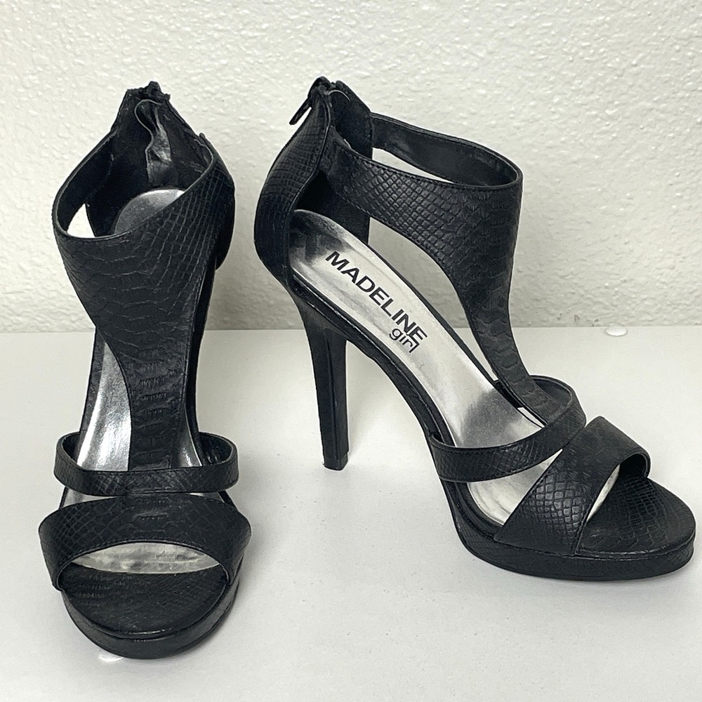 Black Faux Snake Skin Women's Madeline Girl 7.5M Zip Up Heels